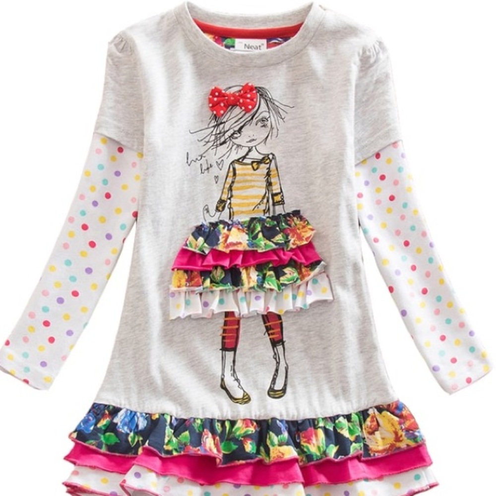 Cotton Girls colorful dress 2T-3T, pink, flowery with a doll print NWT